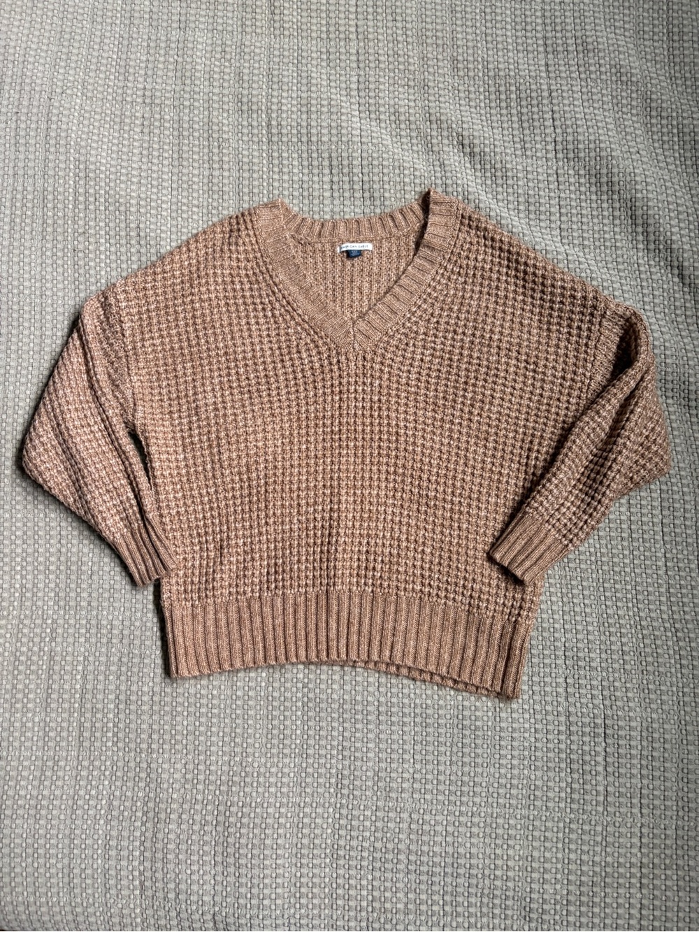 Waffle Knit V-Neck Sweater - Brown